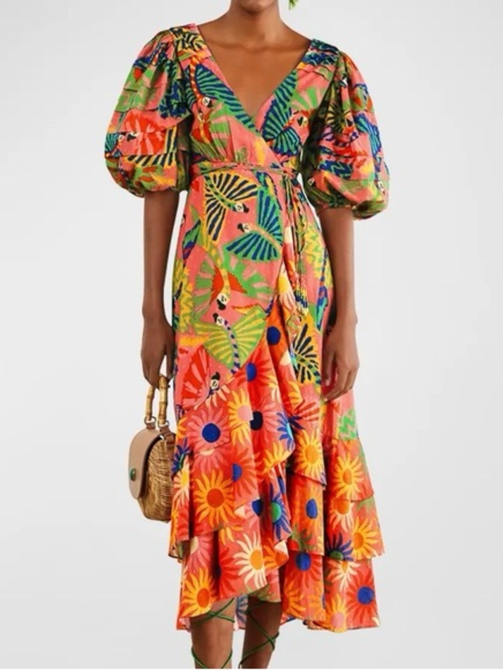 FARM Rio Coral & Green Floral-Print Puff-Sleeve Midi Dress